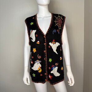 Vintage Y2K Halloween Sweater Vest Cardigan, Tiara International Size XL, 2002